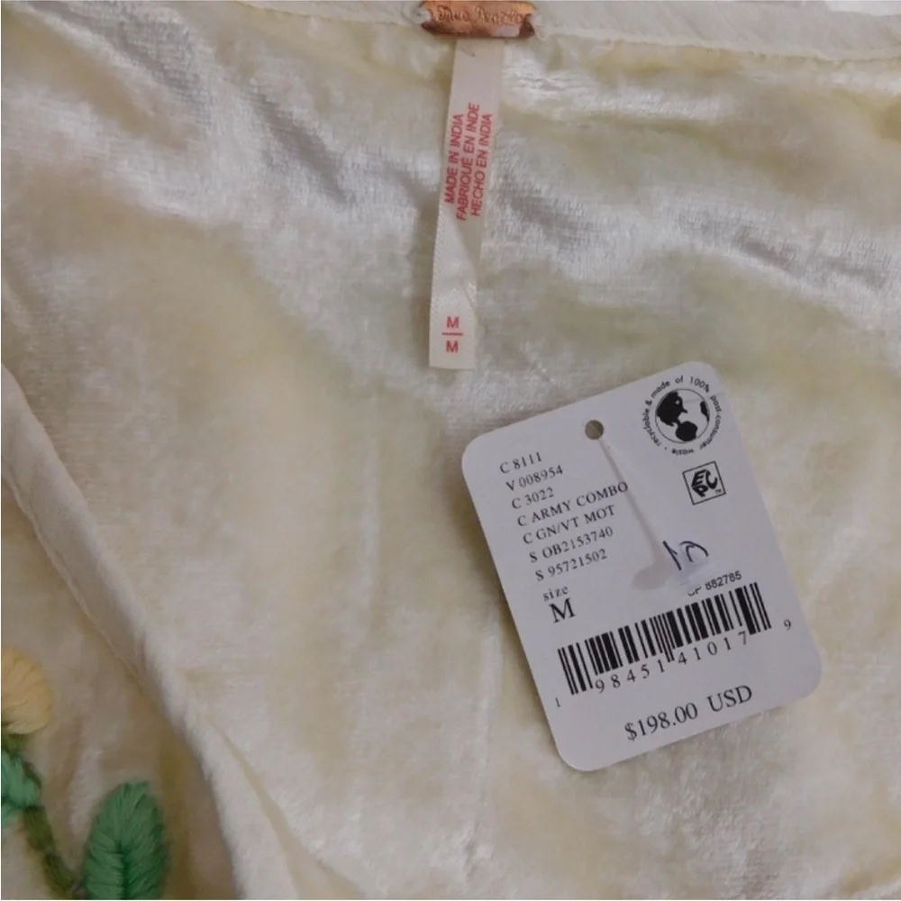 NWT FREE PEOPLE Ember Velvet Tunic with Floral Embroidery in Cream
